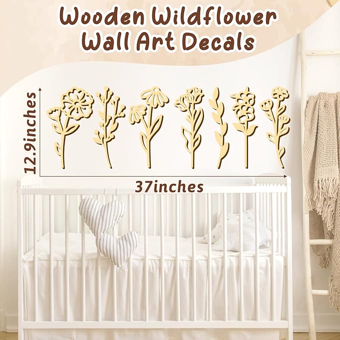 7 PCS Large Wooden Wildflowers Signs Decals DIY Colorable Wood Flowers Sign for Crafts Baby Nursery Stick Peel and Stick Boho Flower Art Cutout for Girls Bedroom Floral Sticker Gift for Kids Playroom