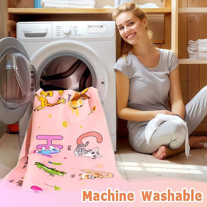 Kids Rugs for Playroom, 8x10 Ft Educational Rug for Learn The ABC Alphabet, Soft Machine Washable Non-Slip Cute Cartoon Animals Carpet for Classroom Toddler Nursery Kids Room Decor, Pink