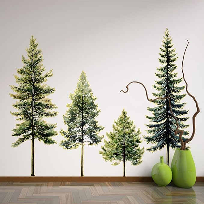 38.5" Pine Tree Wall Stickers Green Tree Wall Decal Gold Stamping 3 Sheets Peel and Stick Wall Decals for Living Room Classroom Party Festival Decoration Supplies (Gold Pine Trees)