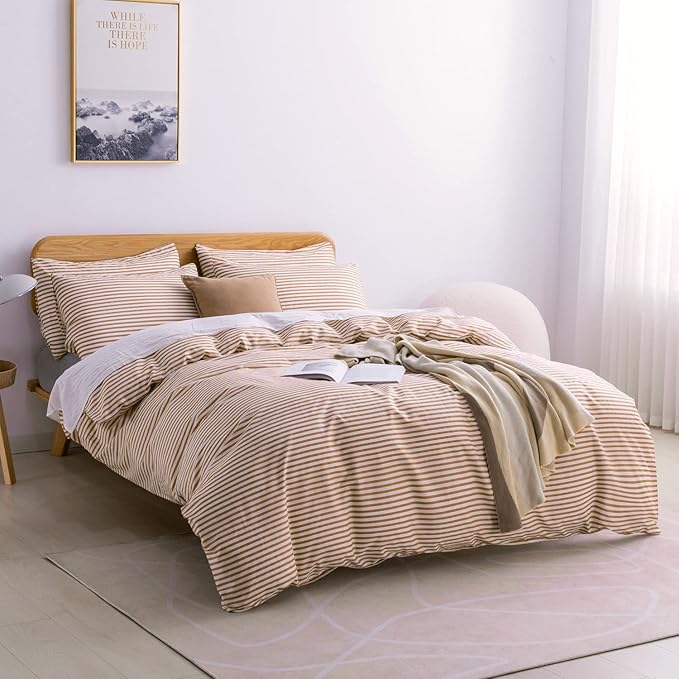 JELLYMONI King Duvet Cover Set, Cotton Duvet Cover 3 Pieces with Zipper Closure, 1 Duvet Cover and 2 Pillowcases(White with Rust Striped)
