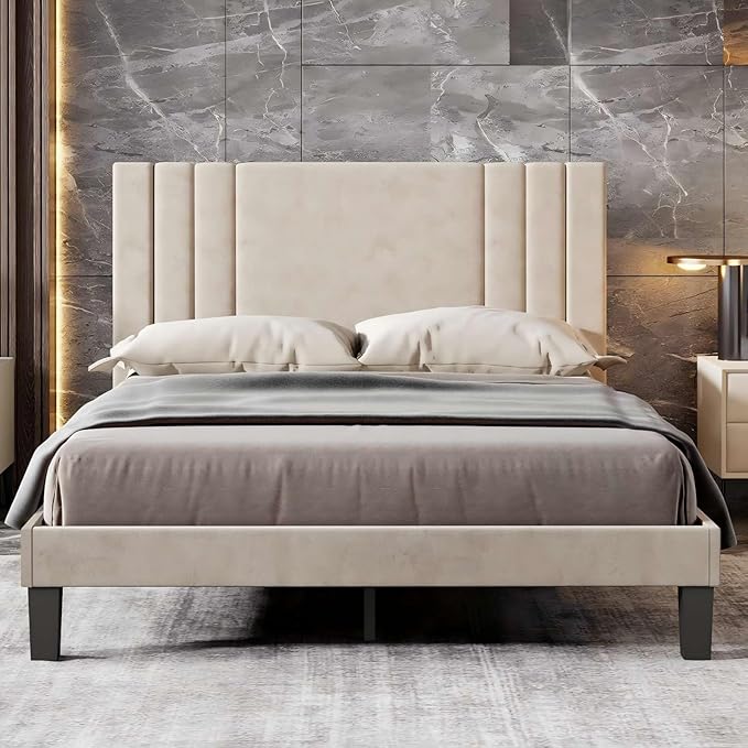 Tyndall Queen Size Bed Frame, Velvet Upholstered Platform with Headboard, Beige