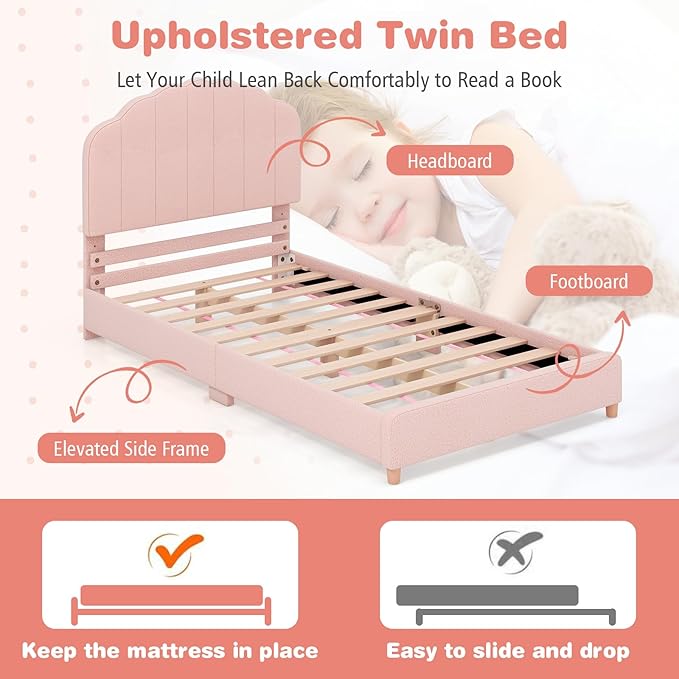 Costzon Twin Bed Frames with Adjustable Headboard, 660 LBS Weight Capacity Upholstered Wooden Kids Bed w/Slats Support, No Box Spring Needed, Easy Assembly, Twin Platform Bed Frame (Pink Shell)