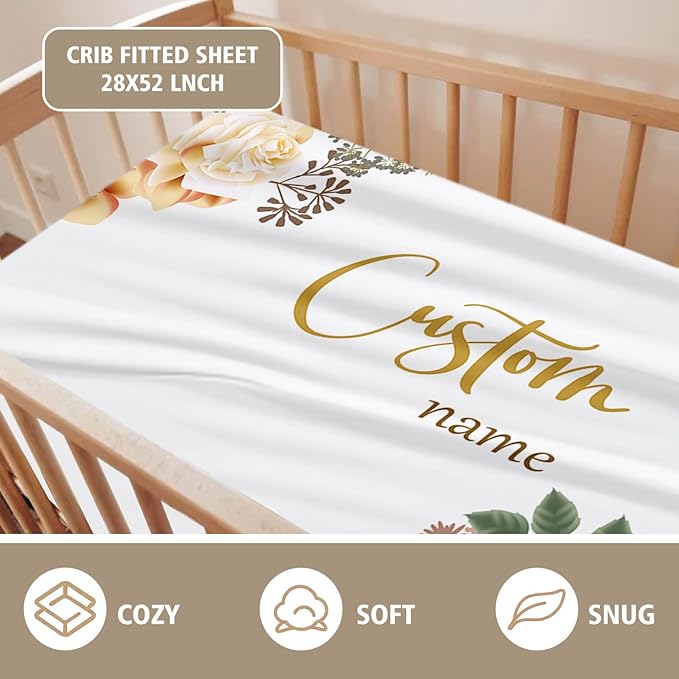 Personalized Crib Bedding Set for Boys Girls, Custom Baby Crib Sets with Name, Pink Flowers Design Nursery Bedding 2 Piece - Soft Blanket with Double Layer Dotted Backing, Crib Fitted Sheet