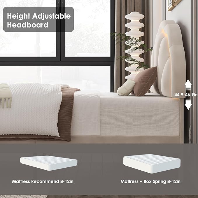 HIFIT Twin Upholstered Smart LED Bed Frame with Adjustable Chic Petal Headboard, Princess Twin Size Platform Bed Frames for Kids/Girls, Wooden Slats Support, No Box Spring Needed, Easy Assembly, Beige