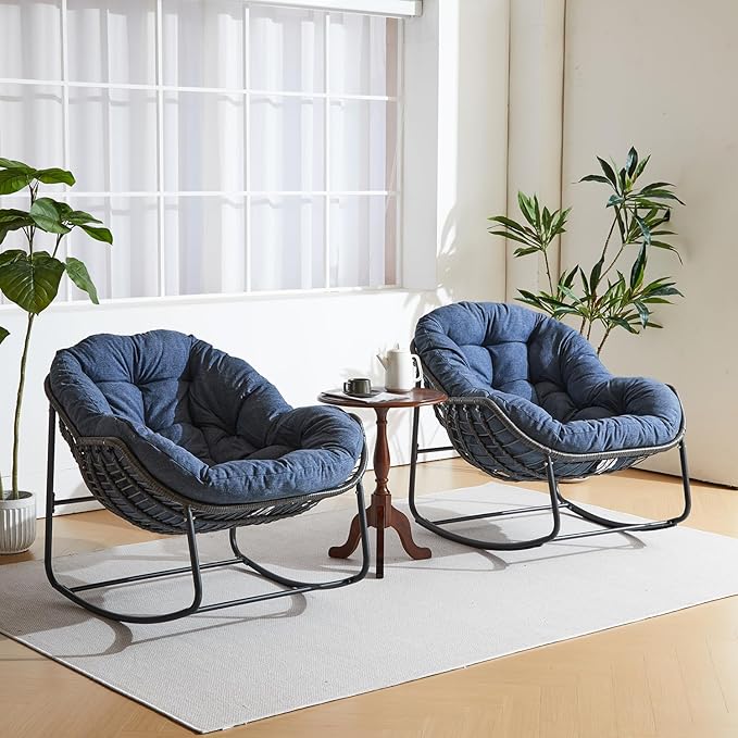 Oversized Outdoor Papasan Rocking Chair Set of 2 with Soft Cushion, Comfy Patio Egg Chair, Wicker Lounge Rocker for Balcony/Porch/Garden, Reinforced All Weather Rattan Frame, Navy Blue