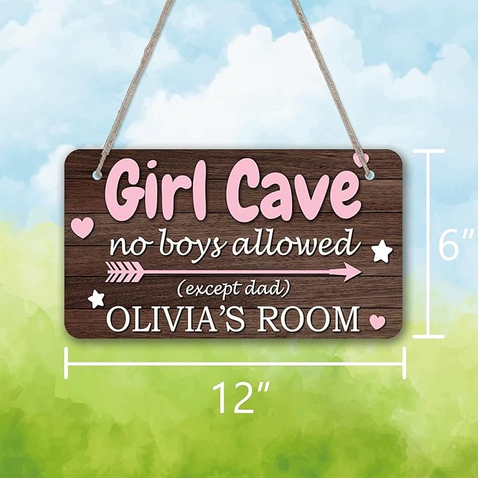 Pink Girl Cave Signs Personalized House Room Door Sign Custom Name Signs Kids Girls Bedroom Decor Nursery Room Entryway Wood Hanger Art Wall Plaque 12x6 Inches