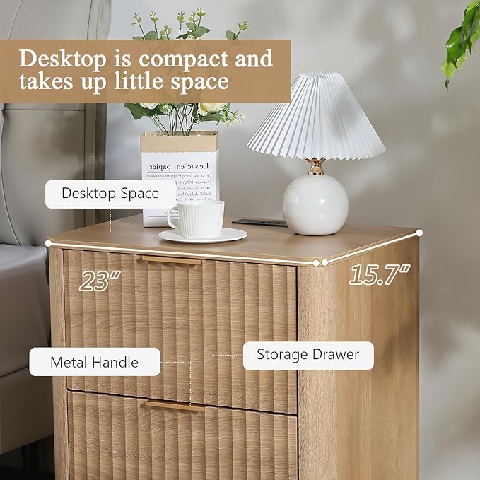 Fluted Nightstand Set of 2, Wood End Table with Charging Station, 23" Modern Night Stands with 2 Drawers, Oak Bedside Table for Bedroom
