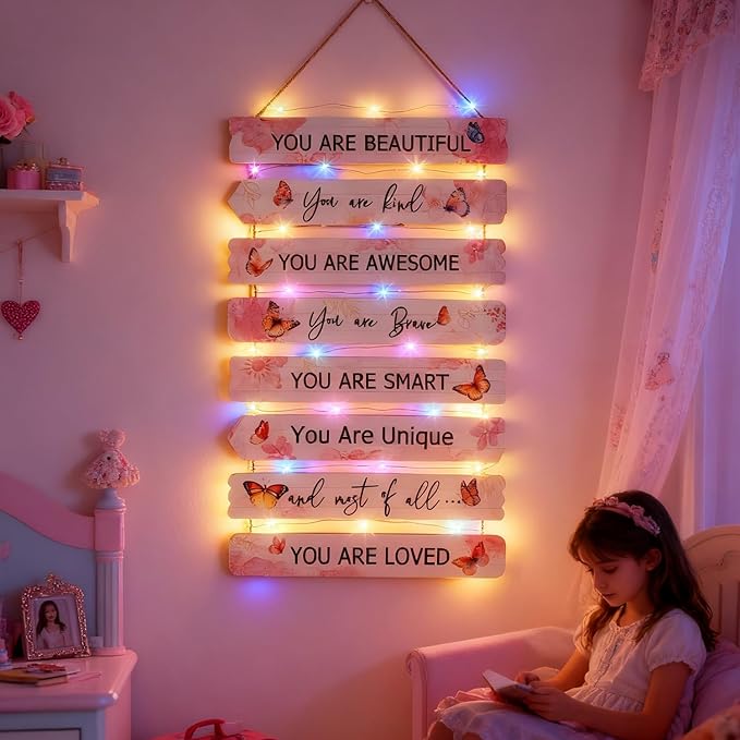 Vintage Classic Butterfly Sign Nursery Wall Decor Set of 8 with LED Lights, 11.4x2 Pink Cute Plaque Wall Art for Baby Girl Kid Teen Toddlers, 8 PCS Positive Wooden Quote Gift for kawaii Fairy Room