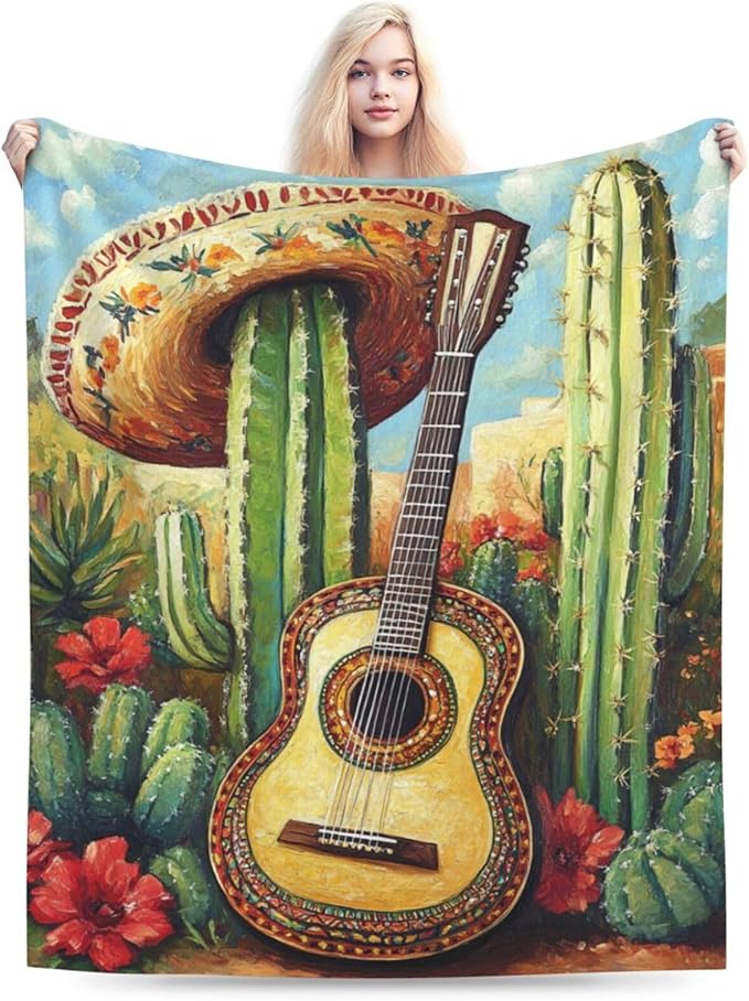 Western Guitar Blanket Cactus Decor Throw Blanket Super Soft Flannel Lightweight Fluffy Plush Cozy Fuzzy Fleece Cowboy Gifts Blanket for Kids Boys Adults Man for Bed Sofa 50"X60"
