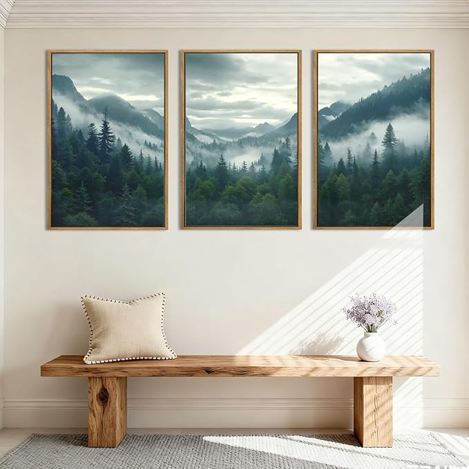 IARTTOP Large Misty Mountain Framed Wall Art 16x24 inch Green Foggy Forest Canvas Wall Decor Modern Pine Trees Nature Landscape Prints for Living Room Bedroom Set of 3
