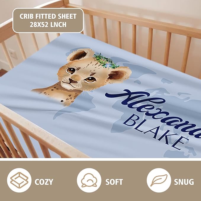 Personalized Crib Bedding Set for Boys Girls, Custom Baby Crib Sets with Name, Blue Leopard Design Nursery Bedding 2 Piece - Soft Blanket with Double Layer Dotted Backing, Crib Fitted Sheet