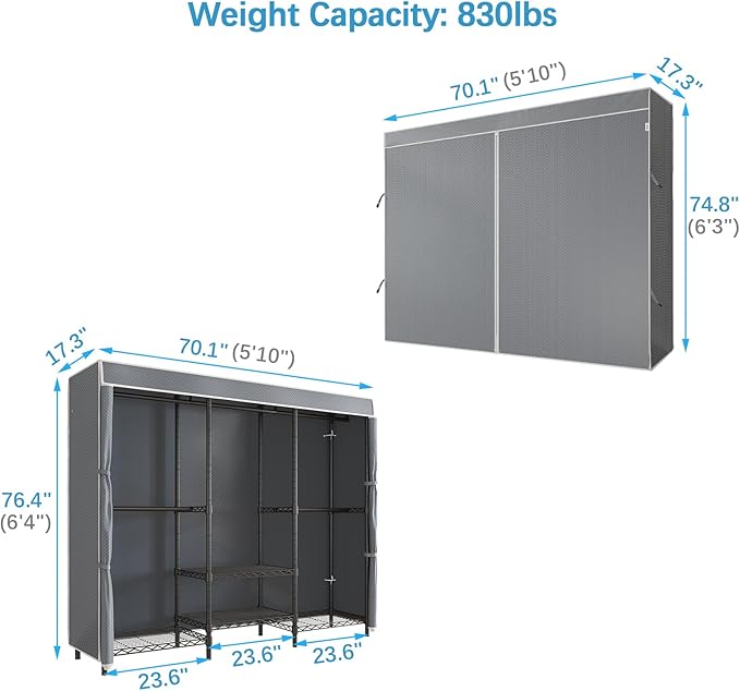 VIPEK V5C SE Covered Garment Rack Heavy Duty Clothes Rack with Cover and Adjustable Shelves, Freestanding Portable Closet Racks Clothes Storage Wardrobe Closets, Black Clothing Racks with Grey Cover