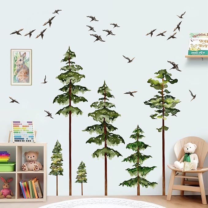 Large Pine Tree Wall Stickers Green Trees Wall Decals Peel and Stick Watercolor Birds Nature Giant Trees Decor Woodland Forest Sticker Green Tree Stickers for Living Room Bedroom Home Decor
