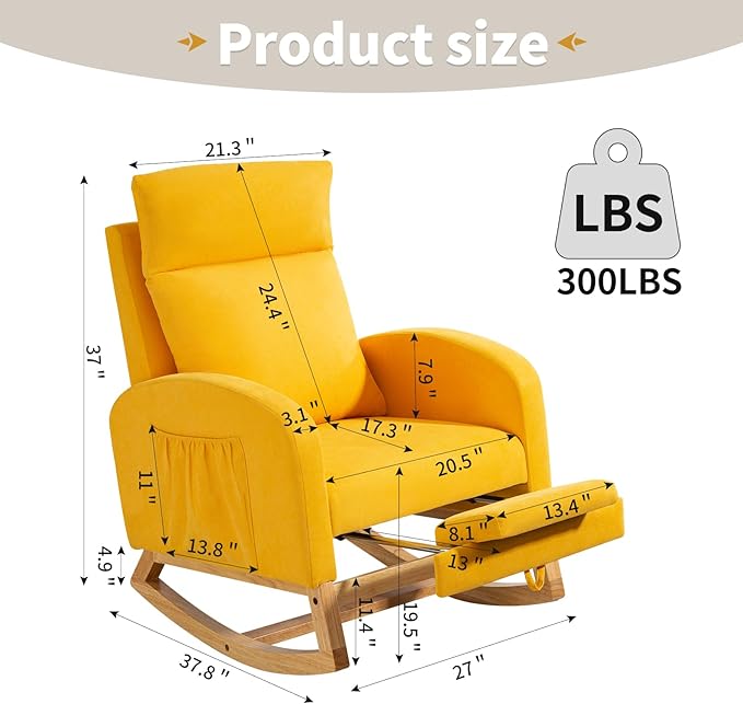 Rocking Chair Nursery Glider Chair with Foot Rest, Nursery Rocking Chairs with Rubber Wood Legs Side Pocket, High Back Nursing Chair, Accent Rocker Arm Chair Baby Bedroom, Living Room, Yellow