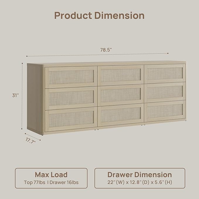 SICOTAS Dresser for Bedroom - 9 Drawer Dresser for Nursery 78.5" Wide Rattan Dressers & Chests of Drawers Boho Drawers for Bedroom Living Room Clothes Long Closet Storage for Closet Hallway Entryway