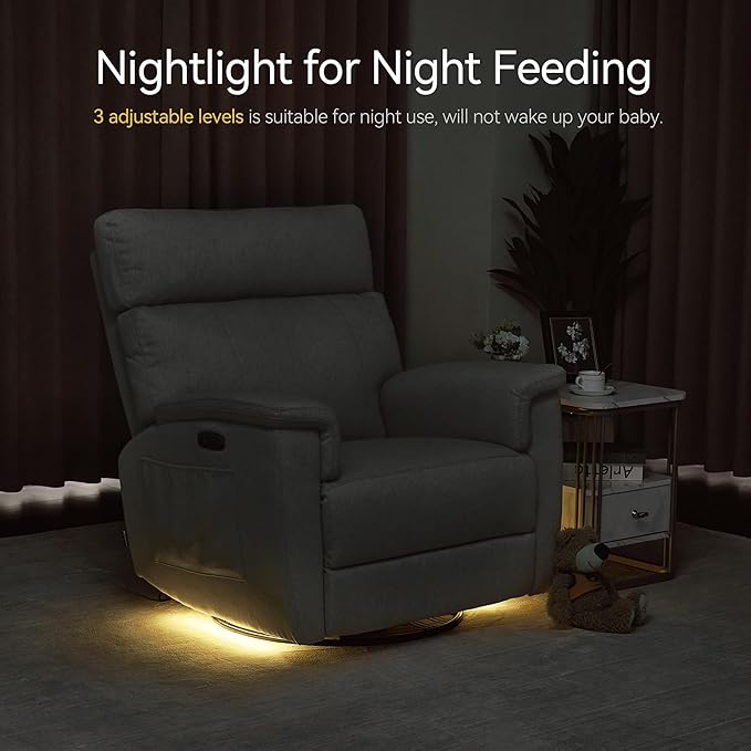 MCombo Oversized Swivel Glider Rocker Recliner with Adjustable Headrest, Dual Motor Power Recliner for Nursery, Led Nightlight, Fabric PR601 (Mist Grey)