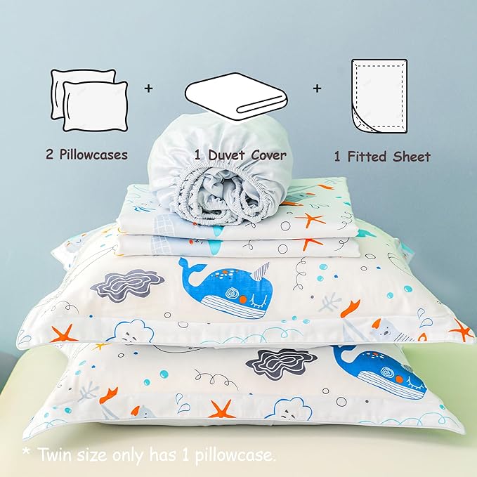 Simple&Opulence 100% Organic Cotton Duvet Cover for Kids Teens, 3 Pieces Soft Comforter Cover with Zipper Closure Cool Boy Girl Sea Sailboat Ocean Bedding Set - Whale, Twin