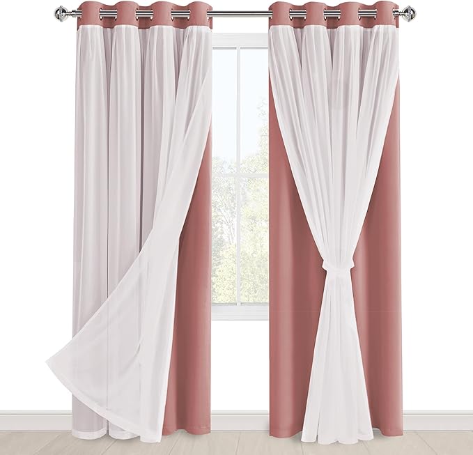 Hiasan Blackout Curtains with Sheer Overlay,Thermal Insulated Mix & Match Double Layer Room Darkening Curtains for Bedroom,Living Room,Nursery,2 Window Panels Sewn with Tiebacks,Dusty Rose,52W X 84L