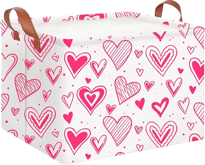 CLOCOR Rectangular Heart Printed Valentine's Day Basket Empty, Gift Basket, Waterproof Storage Basket with Handles, Room Decor(Bright Heart)