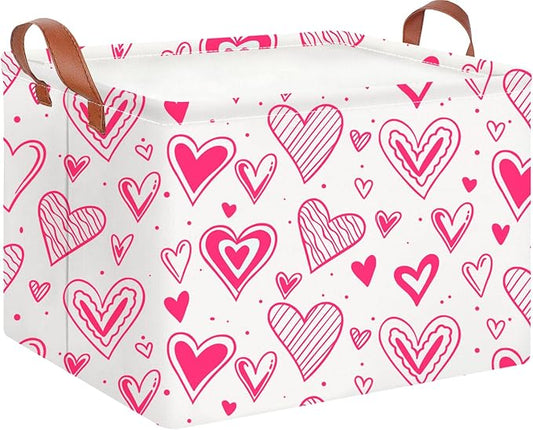 CLOCOR Rectangular Heart Printed Valentine's Day Basket Empty, Gift Basket, Waterproof Storage Basket with Handles, Room Decor(Bright Heart)