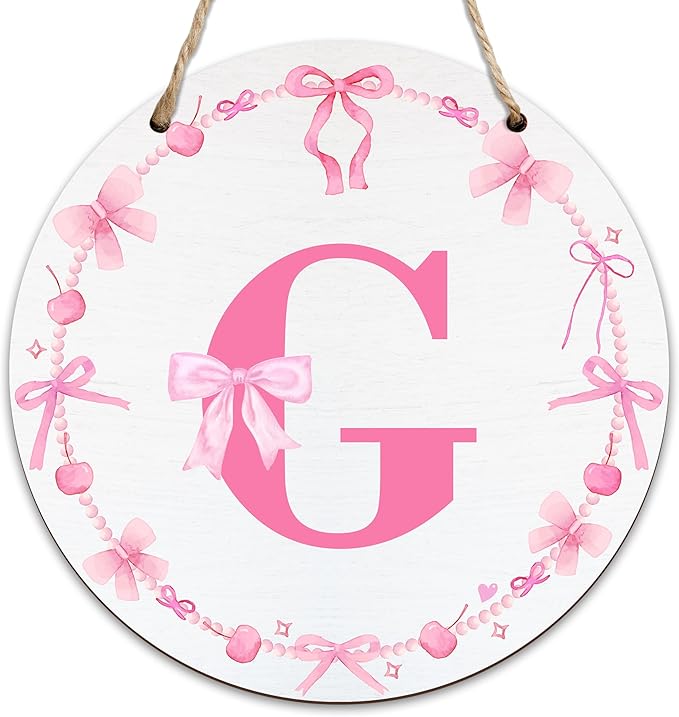 Monogram Round Sign For Front Door, Cherry Bow Theme Sign For Porch Art Wall Door, Initial Signs Hanging Ornament For Indoor Outdoor, Decorations Gifts For Four Seasons Rustic Home Kitchen, G, A07