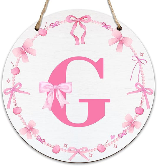 Monogram Round Sign For Front Door, Cherry Bow Theme Sign For Porch Art Wall Door, Initial Signs Hanging Ornament For Indoor Outdoor, Decorations Gifts For Four Seasons Rustic Home Kitchen, G, A07