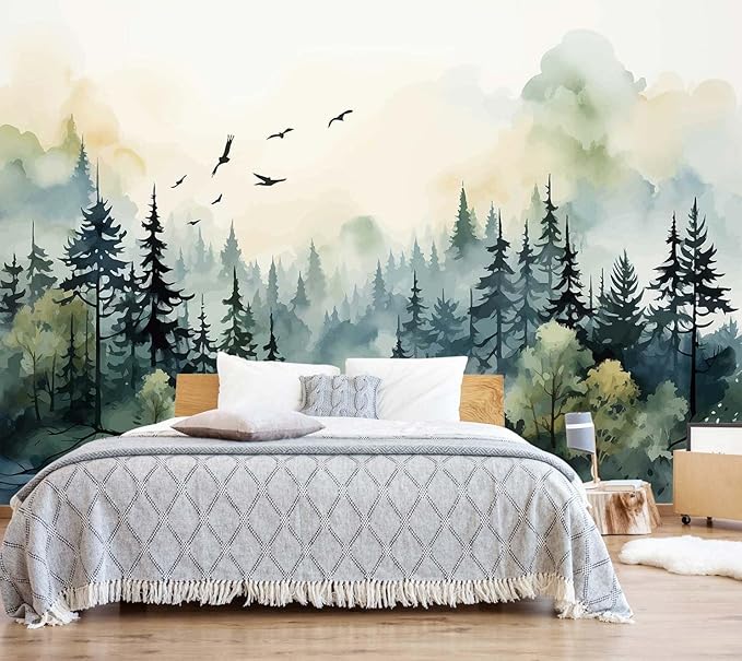 Green Forest Woodland Wallpaper Mural Large Art Wall Decorative Mural for Bedroom Living Room (Not Self-Adhesive)