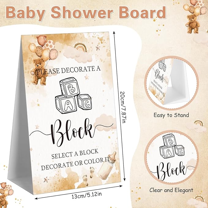 Marsui 136 Pcs Baby Shower Blocks to Decorate Game Kit Includes 98 Wooden Blocks, 36 Markers, 1 Game Sign, 1 Storage Box for Baby Shower Gender Reveal Activity Party Decorations(Brown Bear)
