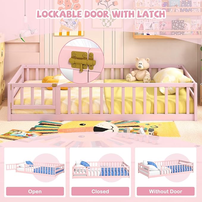 Giantex Twin Floor Bed with Door & Fence, Kids Wood Montessori Beds with Safety Guardrails, Floor Bed Twin for Kids, Boys, Girls, No Box Spring Needed, Pink