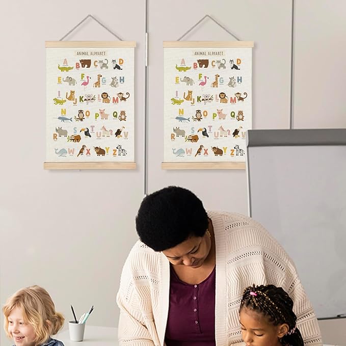 LUVADIAN Alphabet Numbers Educational Poster - Classroom Nursery Wall Decor Poster Hanger Frame Set of 2, Woodland Animals Nursery Decor, Toddler Learning Posters for Nursery Kids Room,12x16 Inches