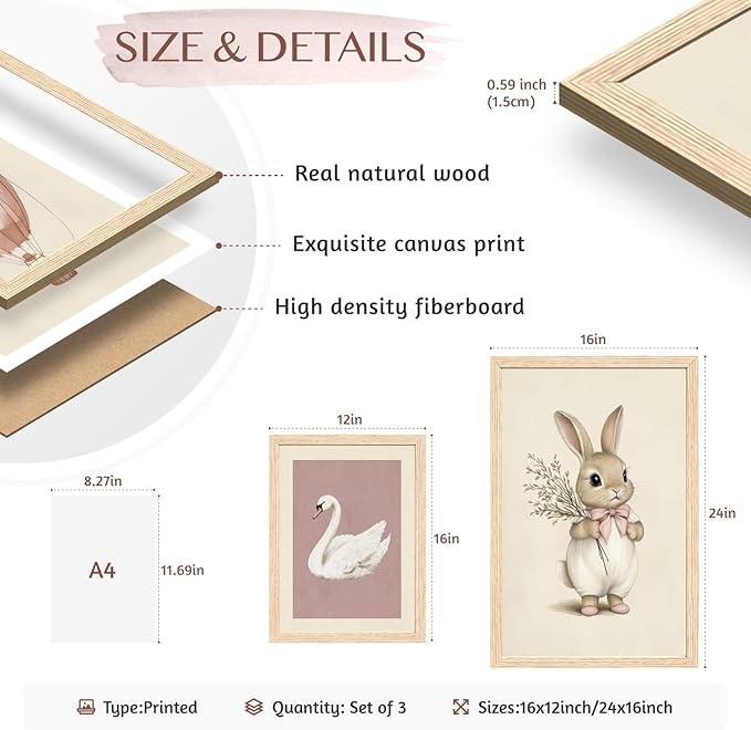 Hianan Pink Baby Girl Nursery Wall Decor Cute Bunny Wall Art Cozy Rabbit Canvas Artwork Elegant Swan Poster Prints Vintage Hot Air Balloon Painting Prints for Kid's Room Baby Room Wood Framed 12"x16"x3