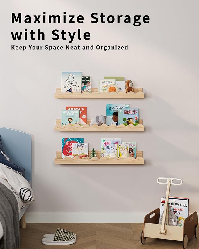 G&W Gruwald Nursery Book Shelves, Set of 3, Nursery Decor for Baby and Toddler, Scalloped Shelves, Book Shelf for Kids Rooms, Wall Book Shelf for Bedroom Kids, Floating Shelf for Wall