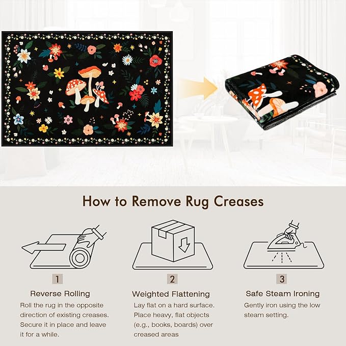 2x3 Machine Washable Area Rug, Non-Slip Small Vintage Floral Entryway Rug for Front Door, Low Pile Indoor Door Mat for Entryway, Bedroom, Dining Room & Kitchen(2x3 Black Mushroom)
