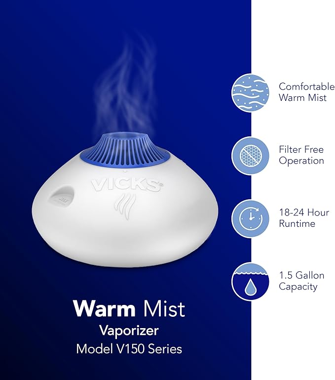 Vicks Warm Steam Vaporizer, Small to Medium Rooms, 1.5 Gallon Tank – Warm Mist Humidifier for Baby and Kids Rooms with Night Light, Works with Vicks VapoPads and VapoSteam