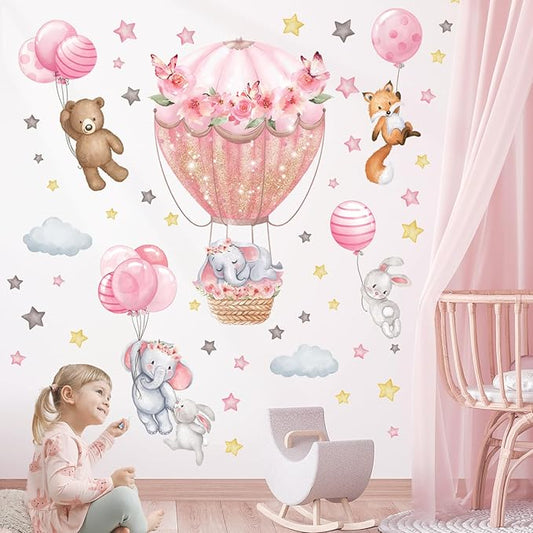 DECOWALL SG2-2408 Animal Hot air Balloon Balloons Wall Stickers Decals Flowers Elephant Bear Baby Nursery Bedroom Girls Toddler Pink Room Home Décor Decorations Kids Fox Rabbit Peel and Stick