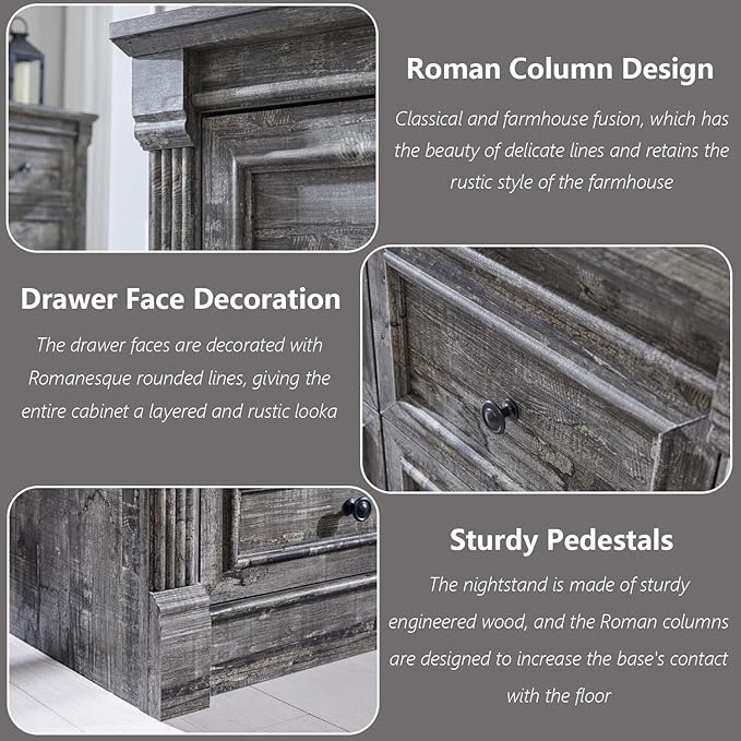 Farmhouse 6 Drawers Dresser for Bedroom, 48" Wide Large Dressers & Chests of Drawers w/Roman Column, Storage Dressers Organizer for Bedroom, Hallway, Living Room, Light Grey