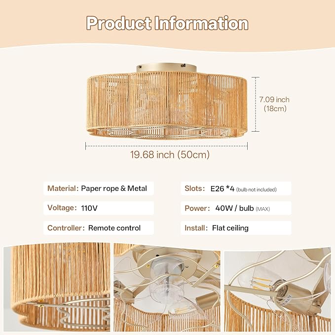 Caged Ceiling Fan with Lights, Flush Mount 20" Boho Ceiling Fans with Lights Remote Control, Low Profile Bladeless Rattan with 6 Speeds for Bedroom, Nursery, Kitchen