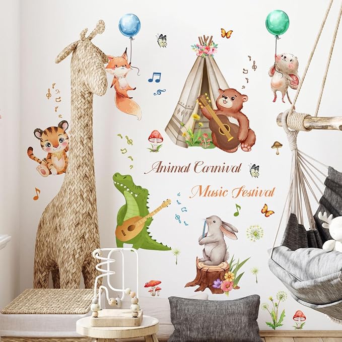 Animal Wall Decals Peel and Stick Bear Crocodile Wall Sticker Removable Safari Tiger Wall Decal Music Wall Stickers for Bedroom Nursery Classroom