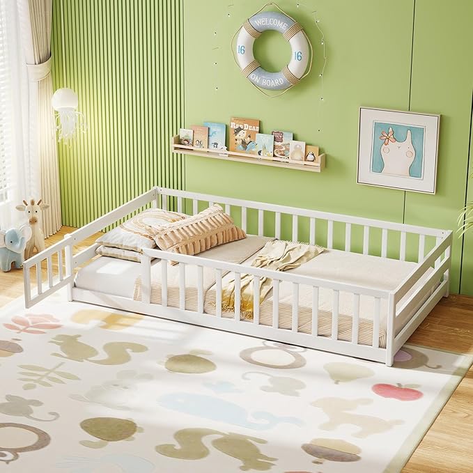 KOMFOTT Twin Size Wood Floor Bed with Door & Fence, Montessori Bed Frame with Full Length Safety Guardrails, Door & Latch, Wooden Montessori Floor Bed for Kids, Girls, Boys (White, Twin)