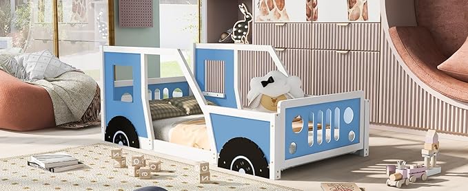 Twin Size Classic Car-Shaped Platform Bed Frame for Boys Girls Kids Toddler with Wheels,Blue