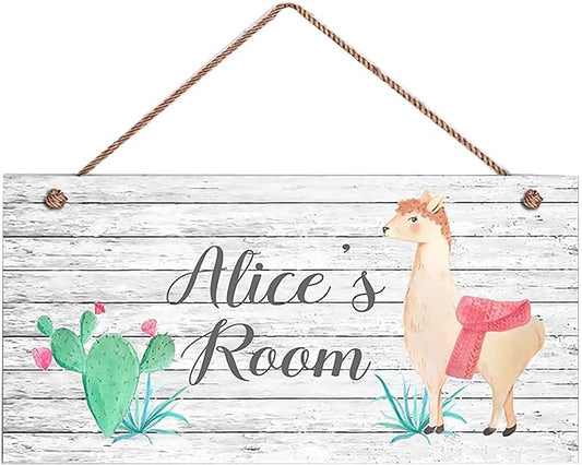 XIUXZMM Customized Alpacas and Cactus Sign, Beige Llama and Cacti Sign, Personalized Kid's Name Kids Door Sign, Animal Nursery Art Decorative Door Signs