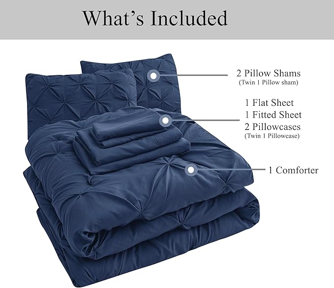 Lane Linen King Comforter Set - 7 Piece Bedding with King Size Comforter, Sheets, Pillowcases & Shams - Pintuck Pinch Pleated - Navy Blue