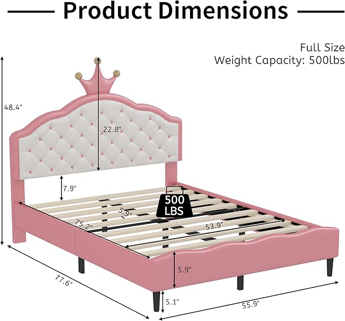 Bellemave Full Size Princess Bed Frame with Lovely Crown Shaped Headboard for Girls,Upholstered Platform Bed with Slats Support,Twin Girls Bed,Pink Cream