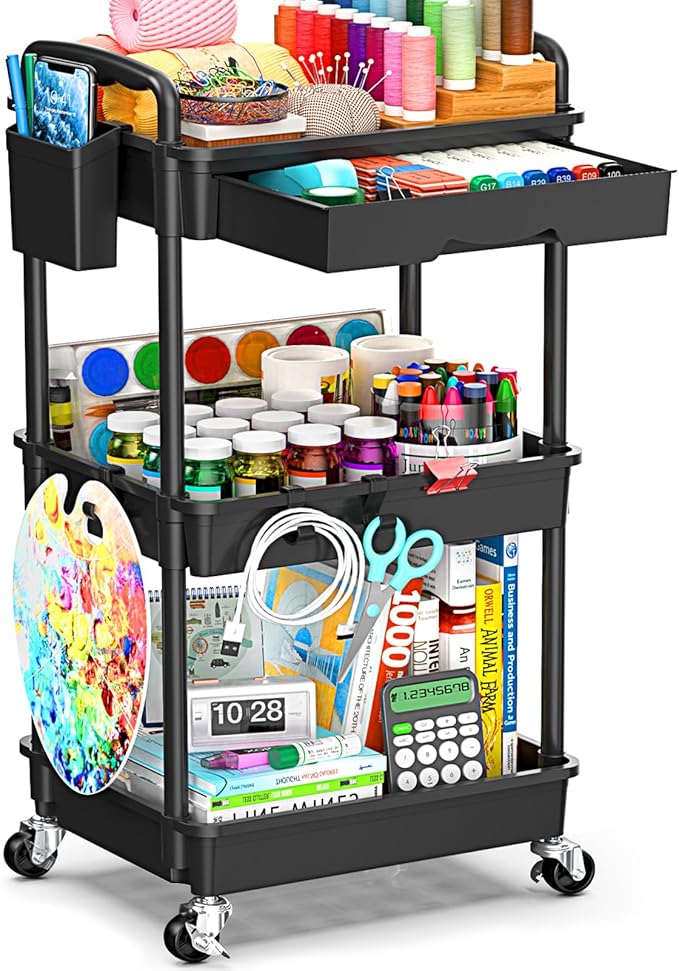 3 Tier Rolling Cart with Drawer, Bathroom Storage Organizer with 2 Lockable Wheels, Multifunctional Rolling Storage Cart for Bathroom, Kitchen, Office, Craft, Makeup, Baby Essentials, Black