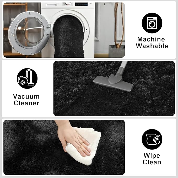 Merelax Soft Area Rug for Livingroom Bedroom, Machine Washable 5x8 Black Rugs Fluffy Shaggy Bedside Rug, Non Slip Indoor Carpet for Nursery Dorm Room Home Decor Aesthetic