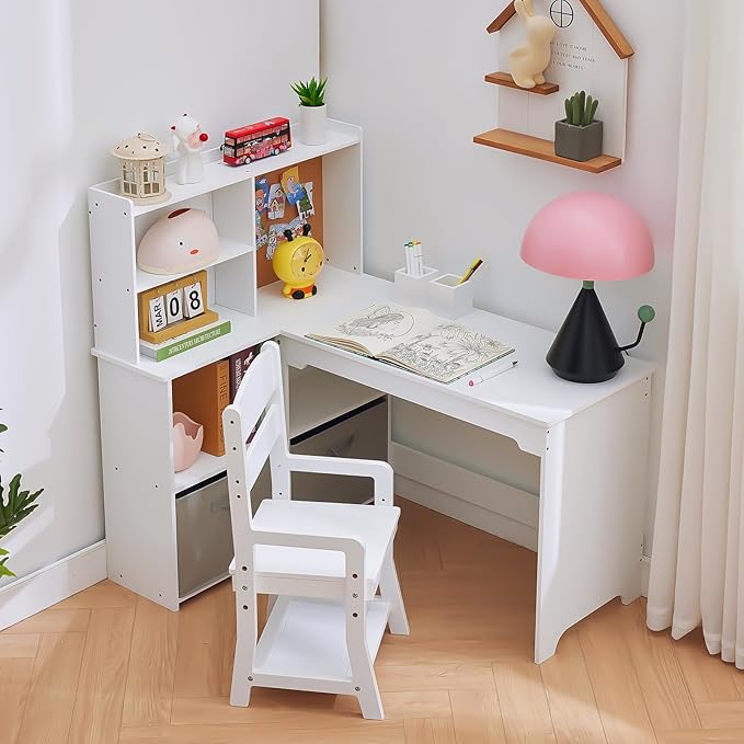 Garvee Kids Corner Desk, Desk and Chair Set for Children, L Shape Kids Study Table - Features Bulletin Board Open Shelves & Storage Cabinets and Cloth Drawers, White