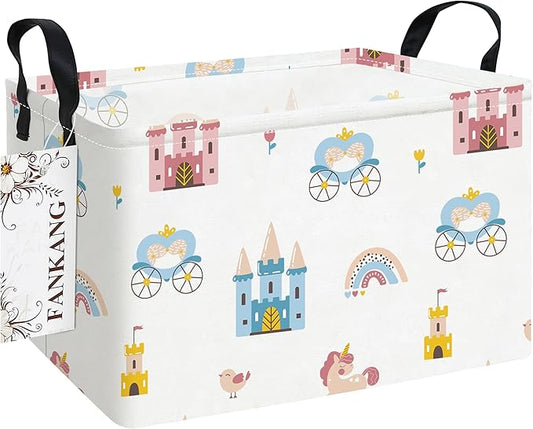 FANKANG Storage Bins, Nursery Hamper Canvas Laundry Basket Foldable with Waterproof PE Coating Large Storage Baskets for Kids Boys and Girls, Office, Bedroom, Clothes,Toys(Rec-castle carriage ）