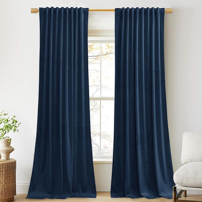 StangH Navy Velvet Curtains - Living Room Light Blocking Drapes 96 inches Long, Thermal Insulated Curtains for Office/Studio/Dining Room, W52 x L96, 2 Panels