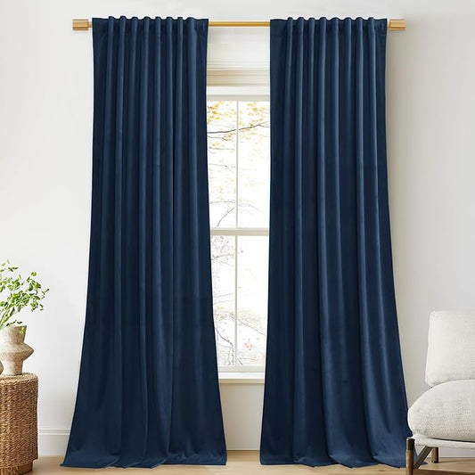 StangH Navy Velvet Curtains - Living Room Light Blocking Drapes 96 inches Long, Thermal Insulated Curtains for Office/Studio/Dining Room, W52 x L96, 2 Panels