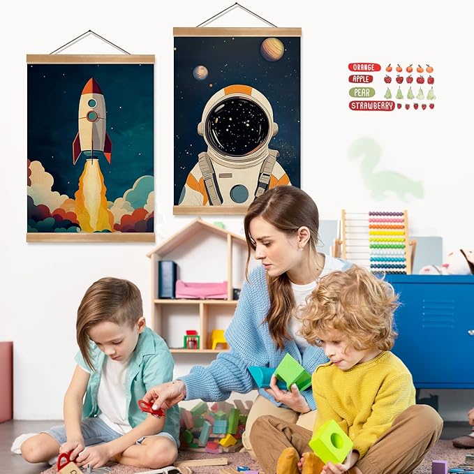 Astronauts and Rockets Poster Wall Art set of 2, Universe Wall Decor Wood Hanger, Spaceship Classroom Decor, Outer Space Planets Poster for Boys and Girls Nursery, Bedroom, Playroom, Toddler and Kids Room(Space travel-02)